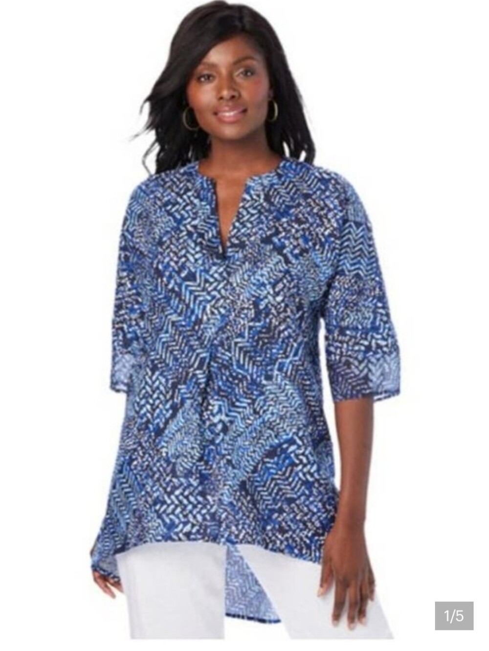 Jessica London Women 30W 5x Blue/ White Linen/ Chiffon Flowy Tunic Blouse Top